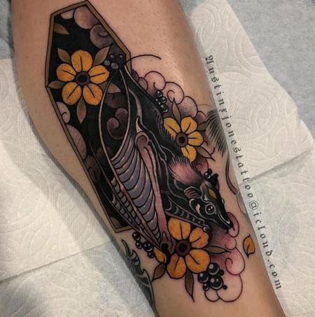 Austin Jones - Dark Neo Traditional Bat and Coffin with Flowers Tattoo